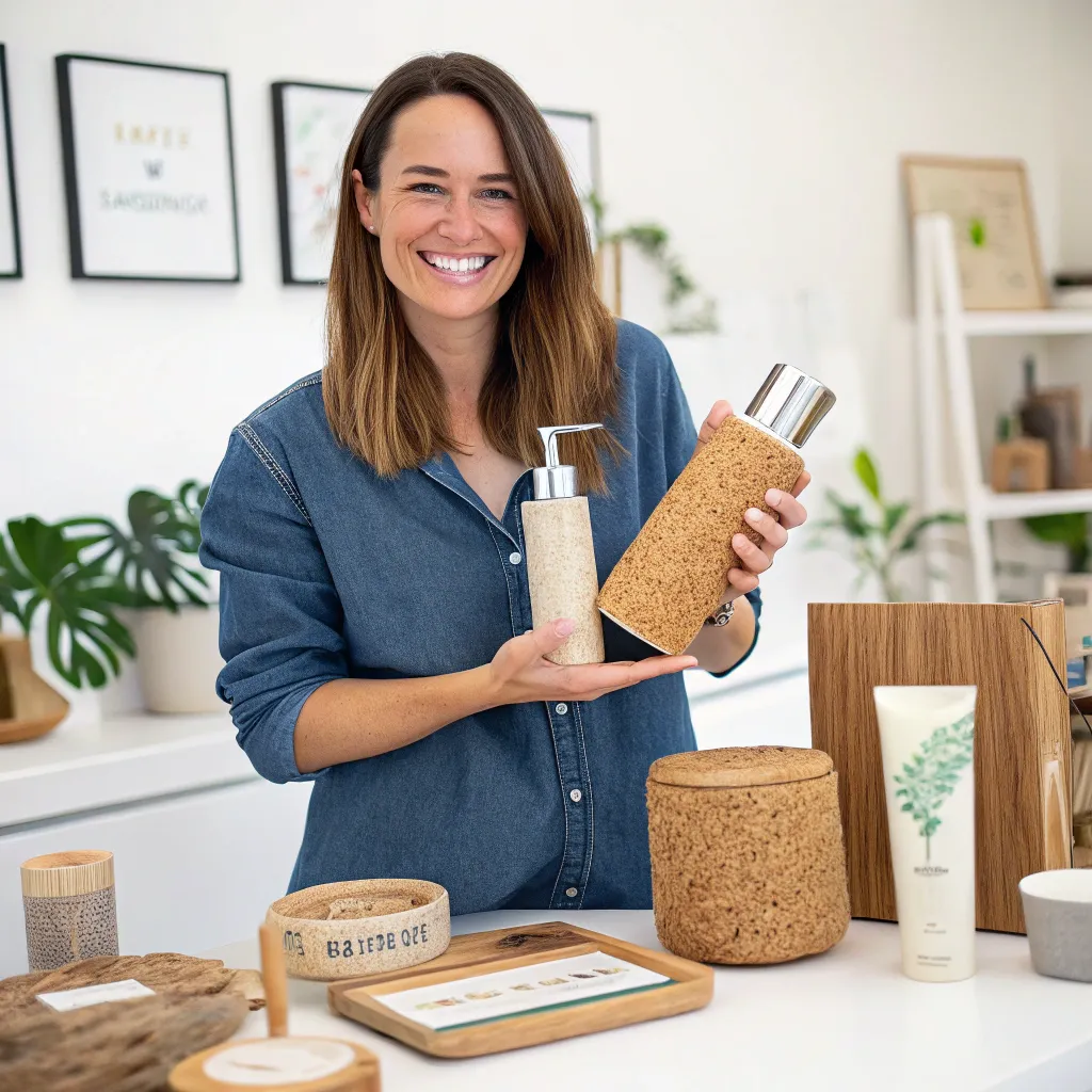 Emily Thompson holding eco-friendly products from VELRANITH
