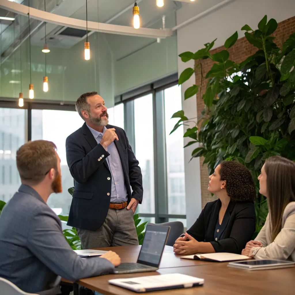 James Mitchell discussing sustainability with his team