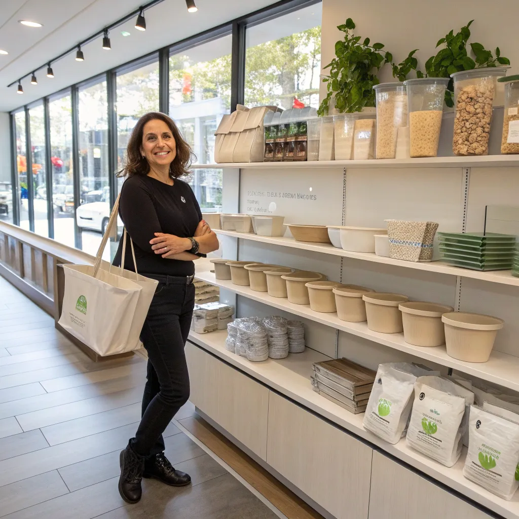 Linda Patel showcasing eco-friendly packaging in her store